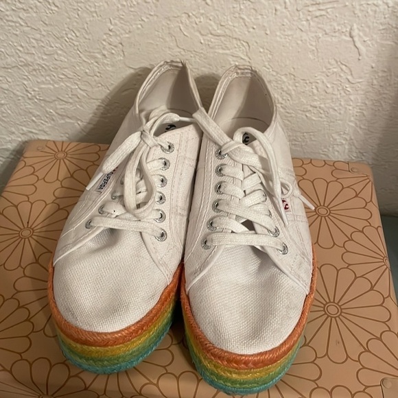 Superga 2790 Rainbow Espadrille Flatform Trainers in White - Picture 5 of 9